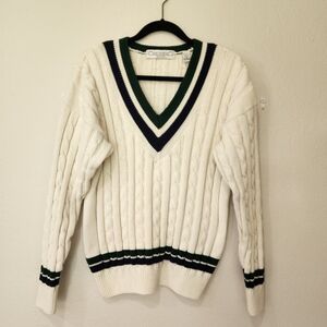 Vintage John Ashford V-Neck Cable Knit Tennis Prep Sweater Cotton size Medium